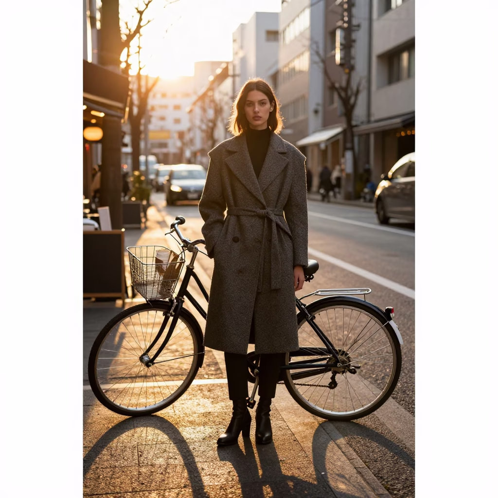 High Fashion Model in Tokyo Street Sunset with Bicycle and Gelato Display in in Tokyo, Japan