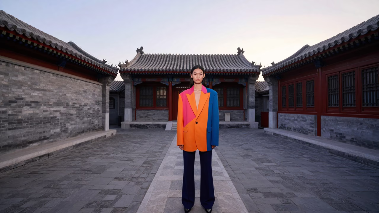 High Fashion Model in Traditional Courtyard at Beijing Dawn with Measuring Tapes and Steam in in Beijing, China