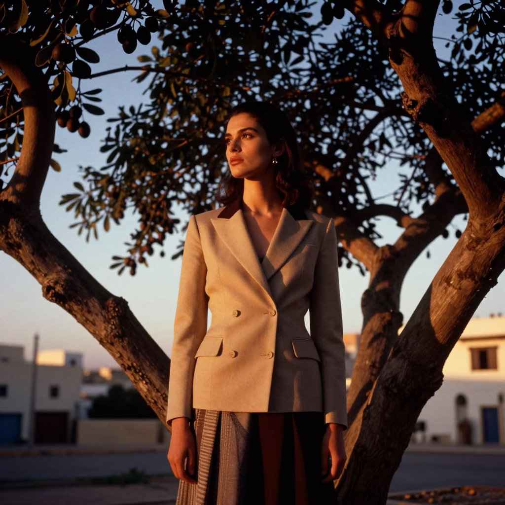 High Fashion Model in Tunisian Evening Light Near Fig Tree and Canisters in in Tunis, Tunisia
