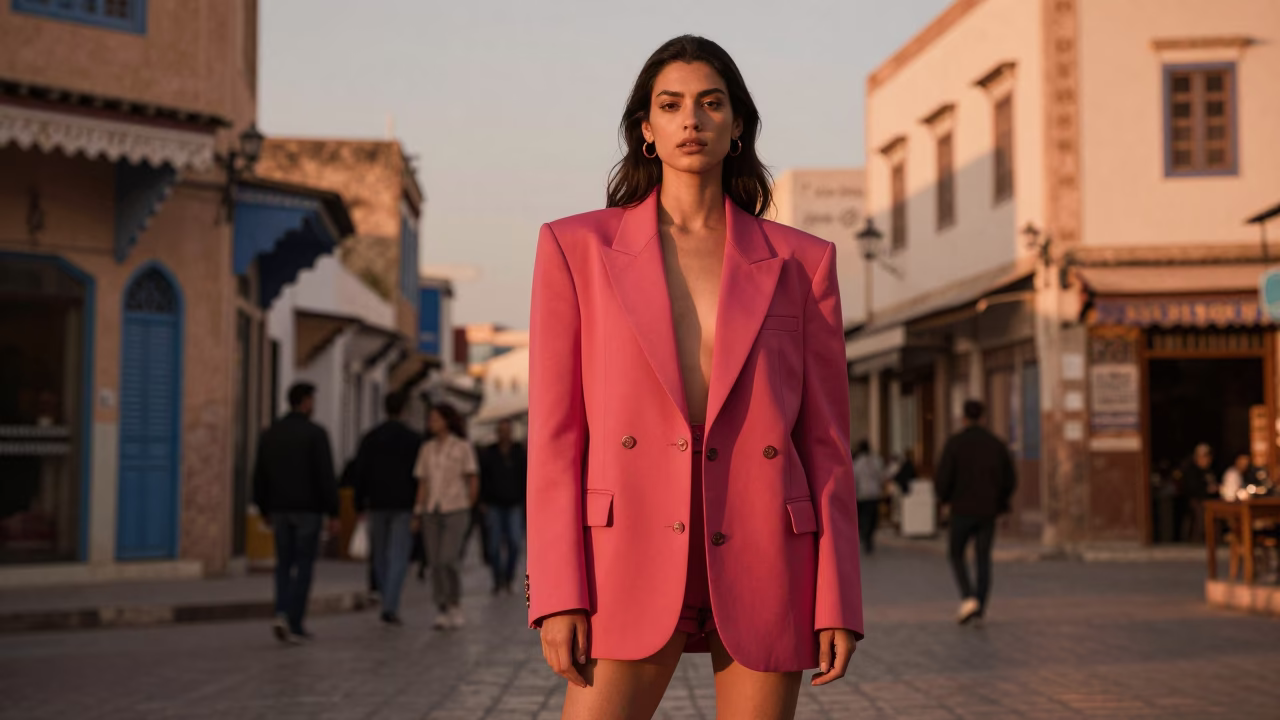 High Fashion Model in Vibrant 1990s Tunisian Street Style During Golden Hour in in Tunis, Tunisia