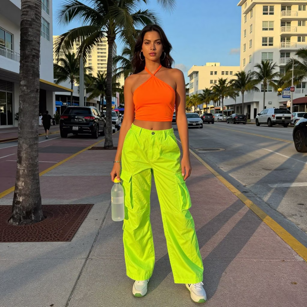 High Fashion Model in Vibrant 2000s Miami Street Style at Nautical Dawn in in Miami, Florida, United States