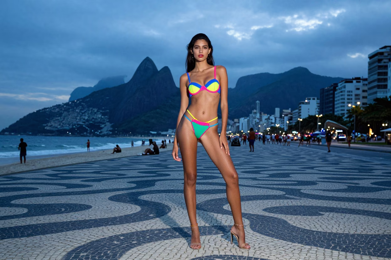 High Fashion Model in Vibrant Lingerie Posing on Copacabana Promenade at Nautical Dawn in in Rio de Janeiro, Brazil