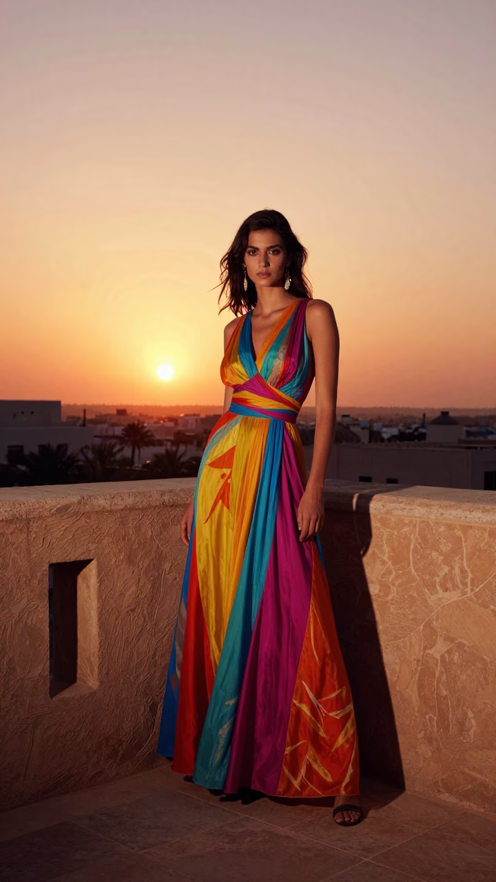 High Fashion Model in Vibrant Muscat Sunset with Rusty Wall and Pink Dogwood Bracts in in Muscat, Oman