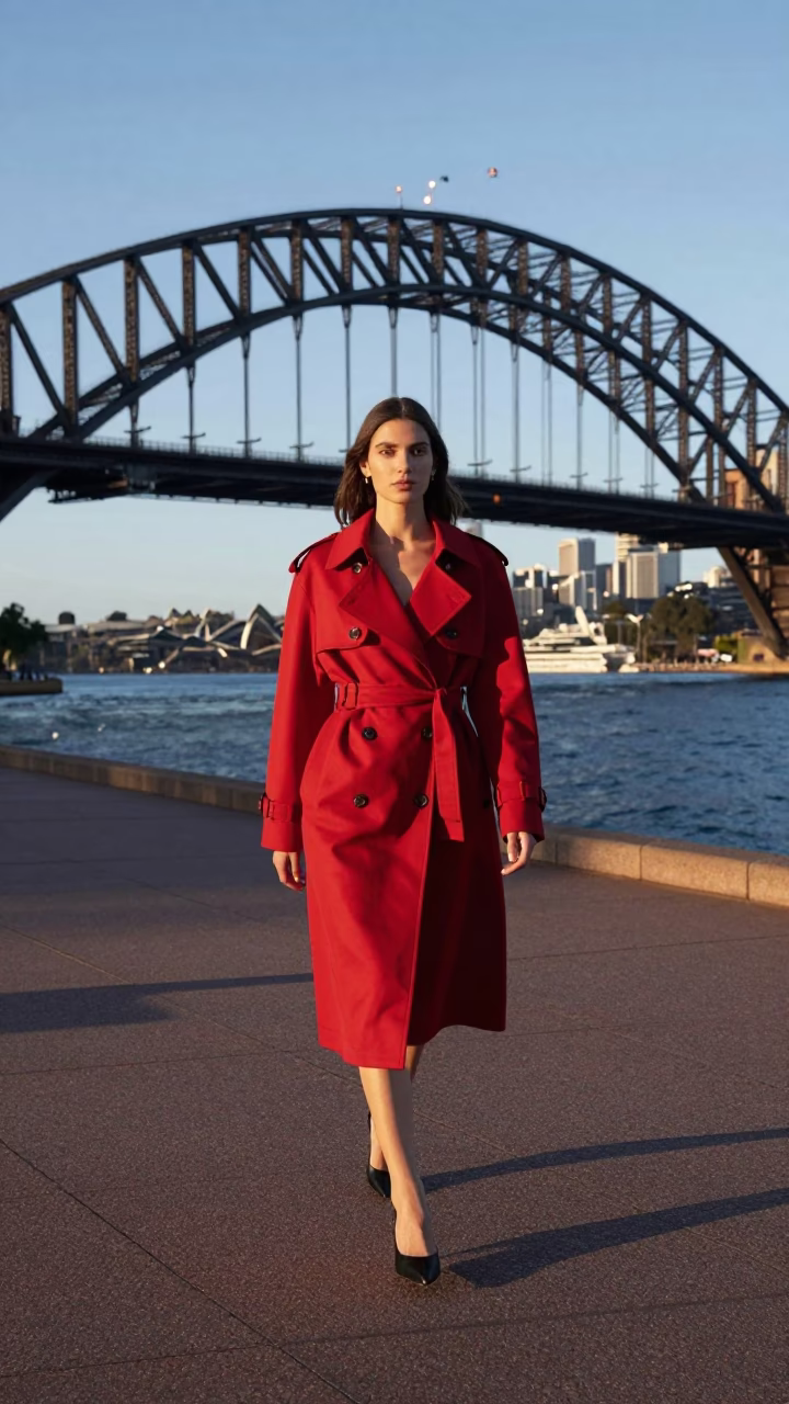 High Fashion Model in Vibrant Red Coat Walking Past Sydney Harbour Bridge at Dawn in in Sydney, New South Wales, Australia