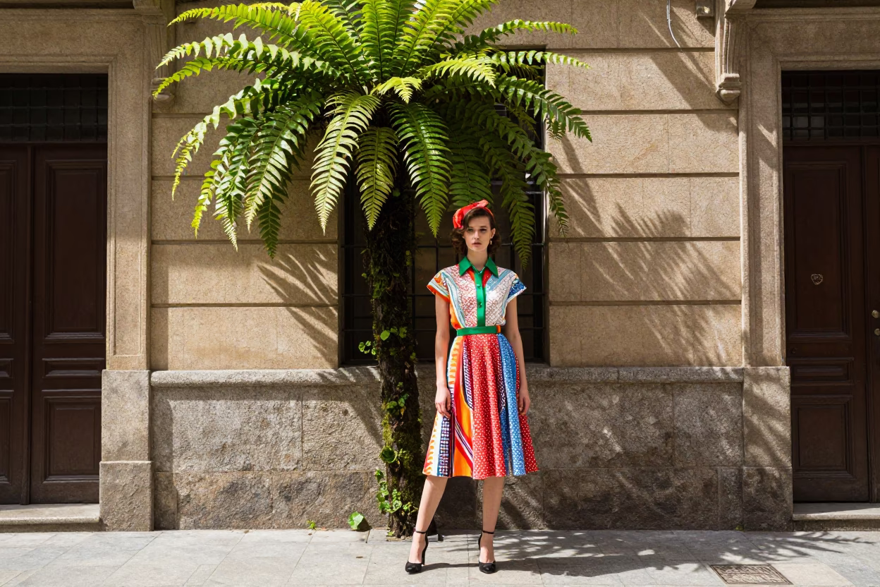 High Fashion Model in Vintage 1950s Bilbao Street with Staghorn Fern Accessory in in Bilbao, Spain