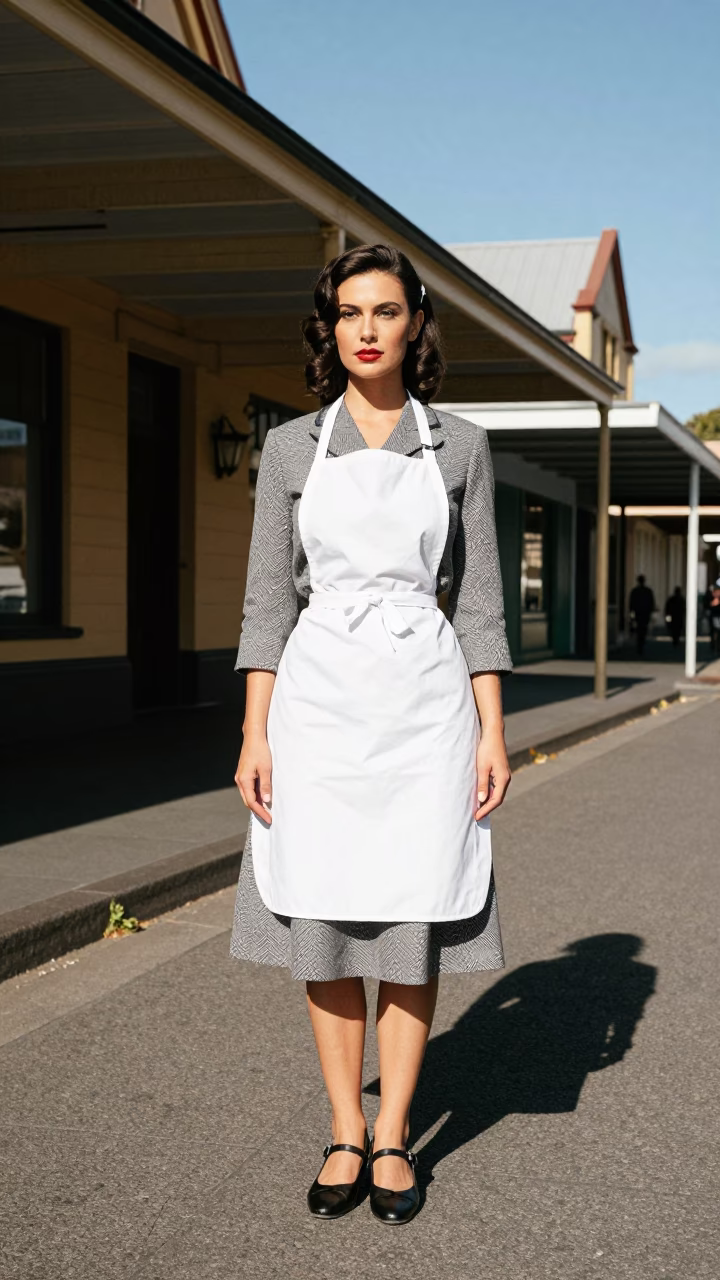 High Fashion Model in Vintage 1950s Hobart Street Wearing Aprons and Holding Seam Ripper in in Hobart, Tasmania, Australia