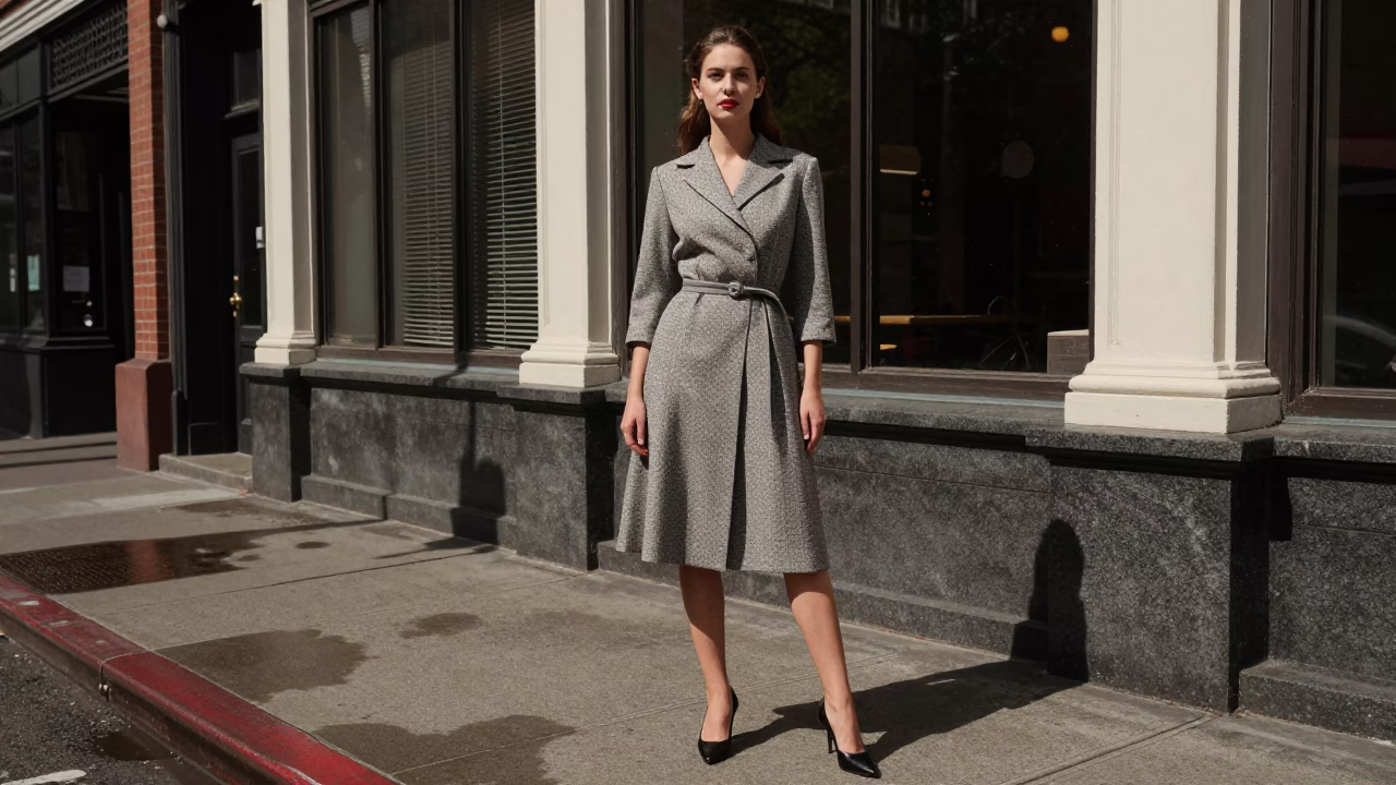 High Fashion Model in Vintage 1950s Portland Street Style Under Flat Noon Sunlight in in Portland, Oregon, United States