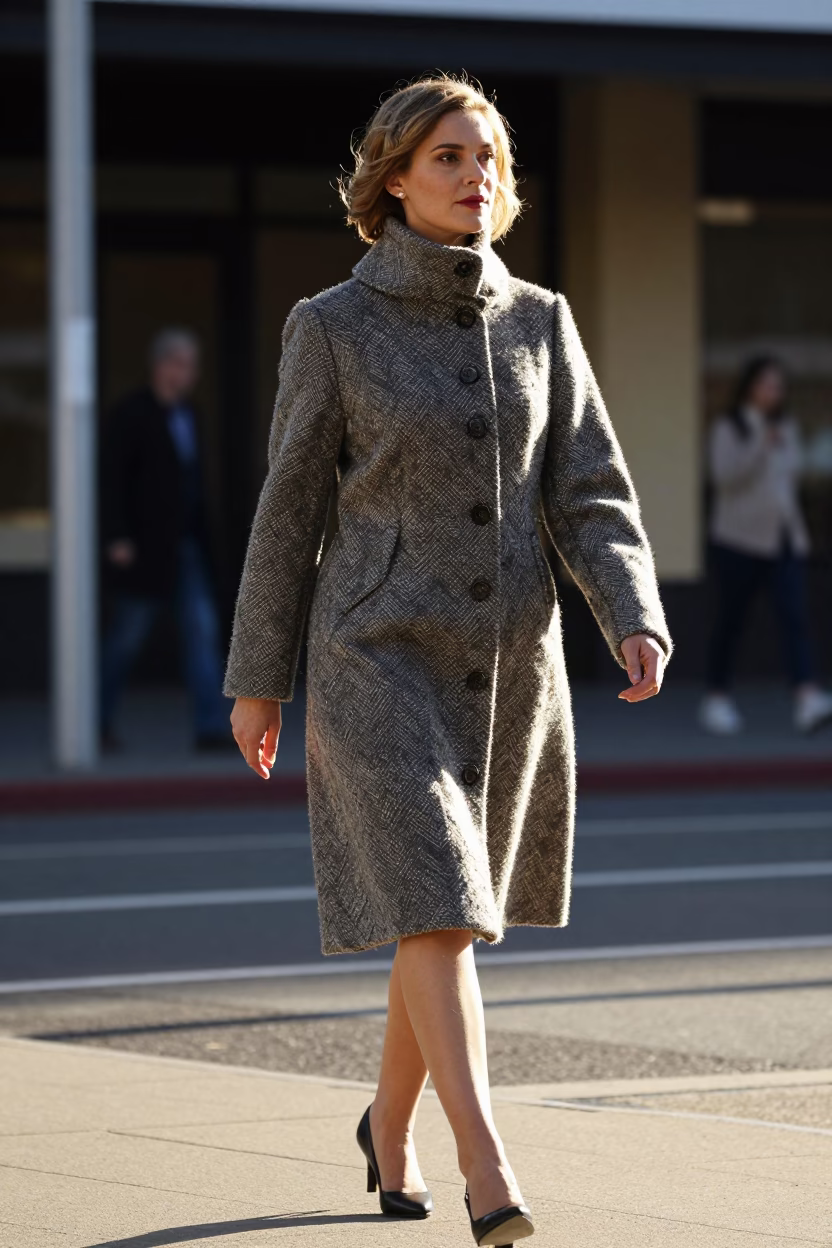 High Fashion Model in Vintage 1960s Coat Walking Past Hobart Waterfront Stairs in in Hobart, Tasmania, Australia