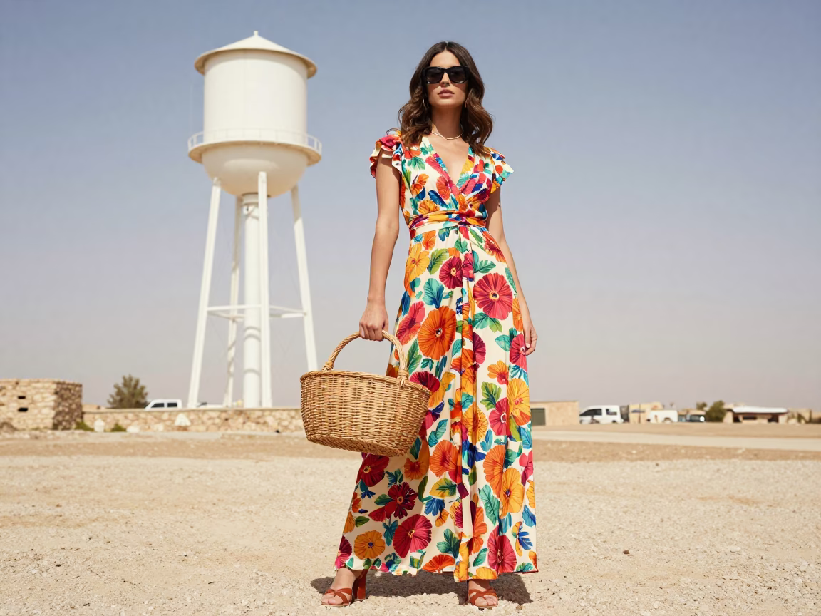 High Fashion Model in Vintage 1970s Amman Holding Wicker Basket Near Rooftop Water Tower in in Amman, Jordan