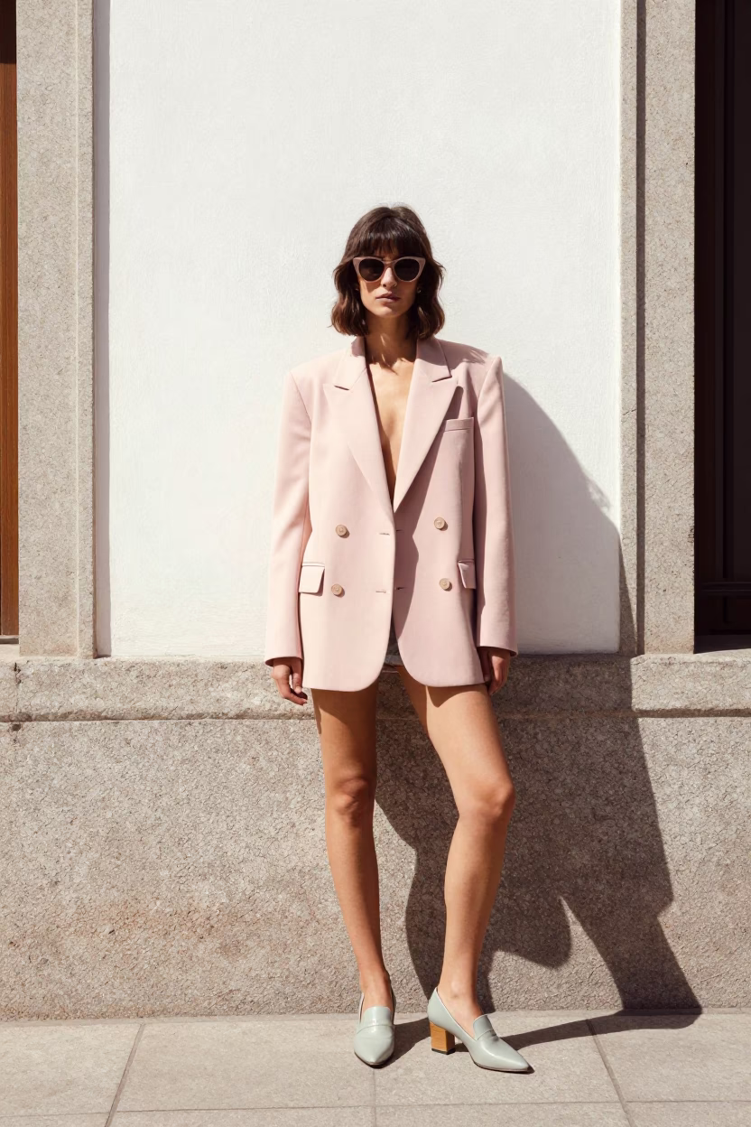 High Fashion Model in Vintage 1980s Madrid Street Style with Bougainvillea in in Madrid, Spain