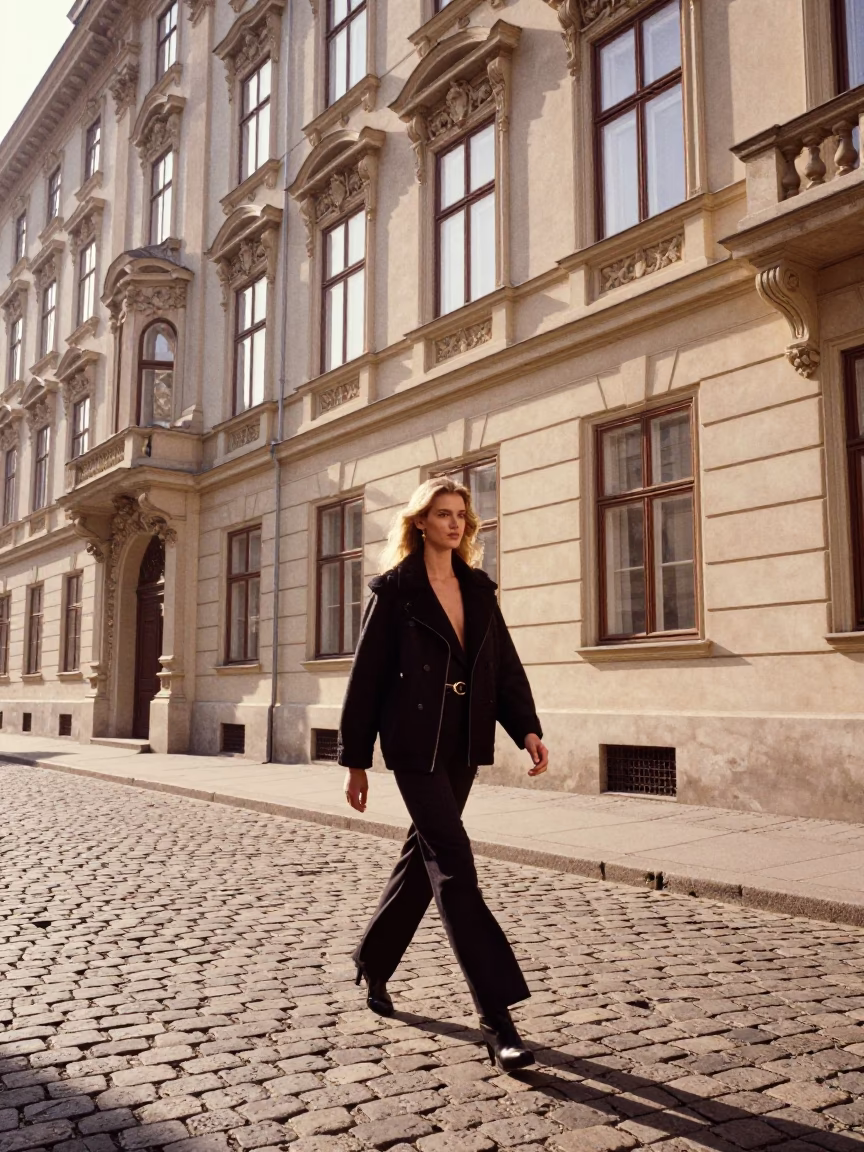 High Fashion Model in Vintage 1980s Vienna Late Morning Street Style in in Vienna, Austria