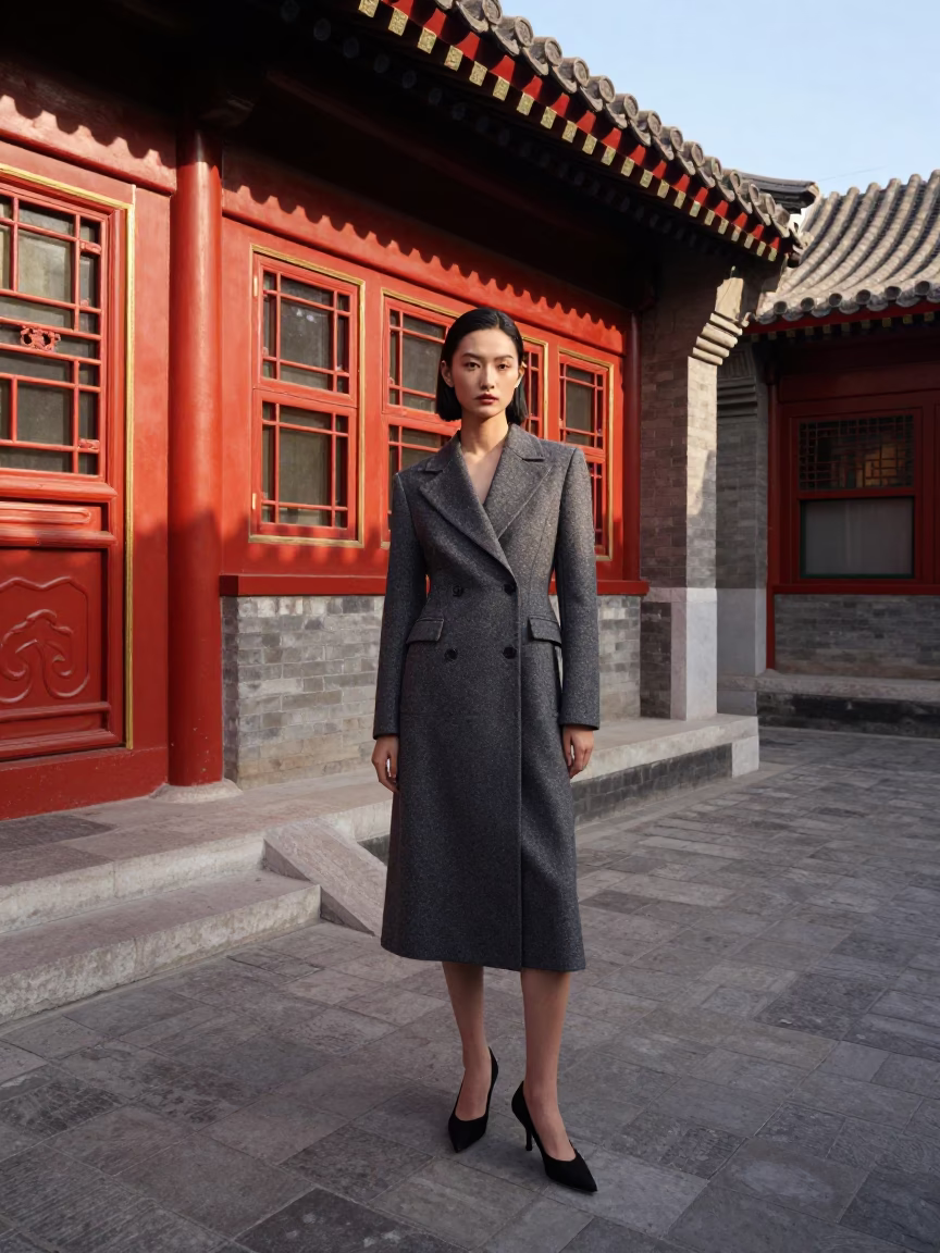High Fashion Model in Vintage Beijing Courtyard Late Afternoon Light in in Beijing, China