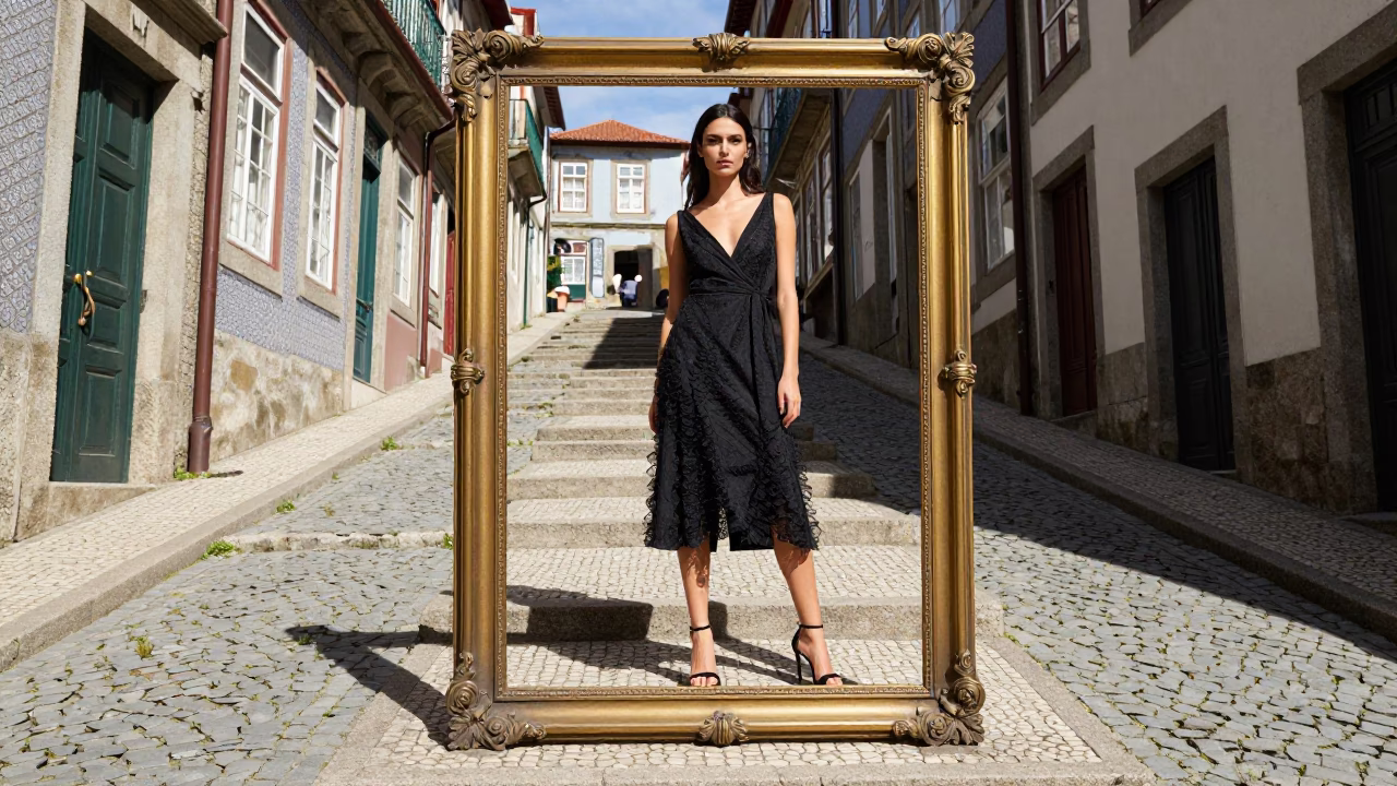 High Fashion Model in Vintage Brass Escutcheon Frame on Porto Ladder Street in in Porto, Portugal