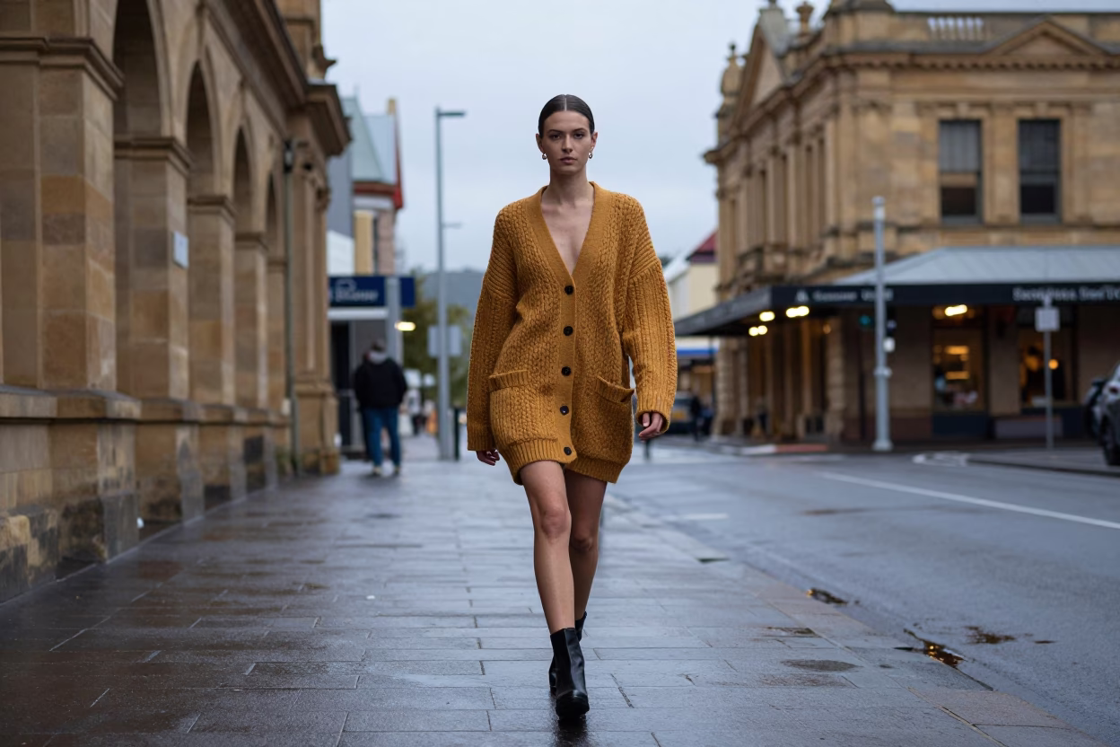 High Fashion Model in Vintage Cardigan Walking Hobart Streets at Early Evening in in Hobart, Tasmania, Australia