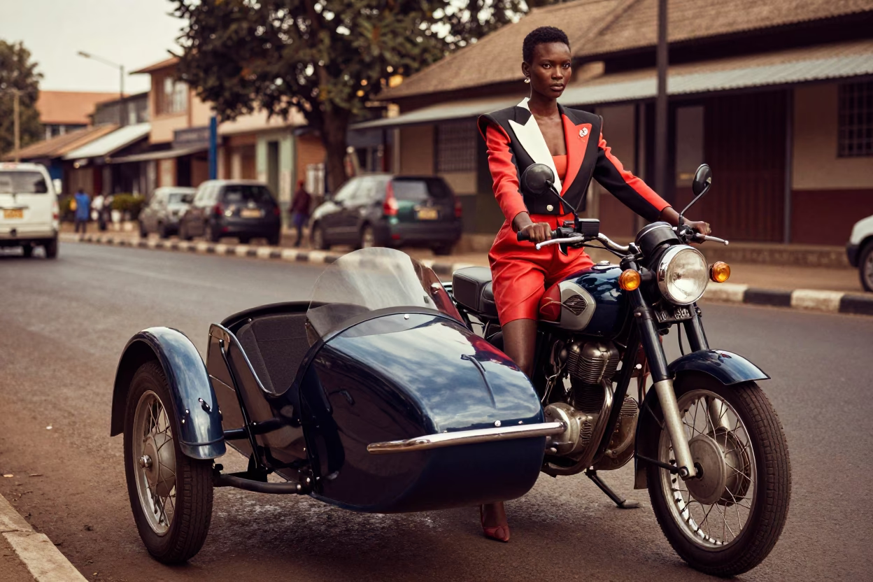 High Fashion Model in Vintage Motorcycle Sidecar on Nairobi Street at Early Evening in in Nairobi, Kenya