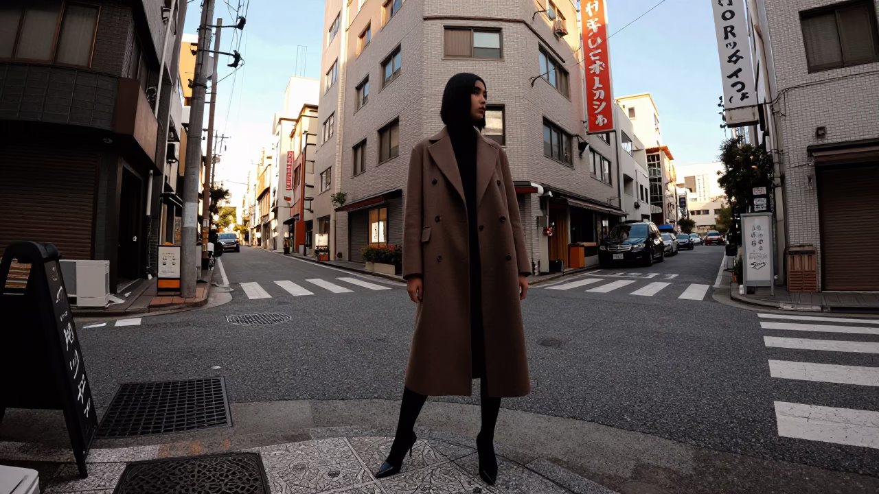 High Fashion Model in Vintage Osaka Street Late Afternoon Light in in Osaka, Japan