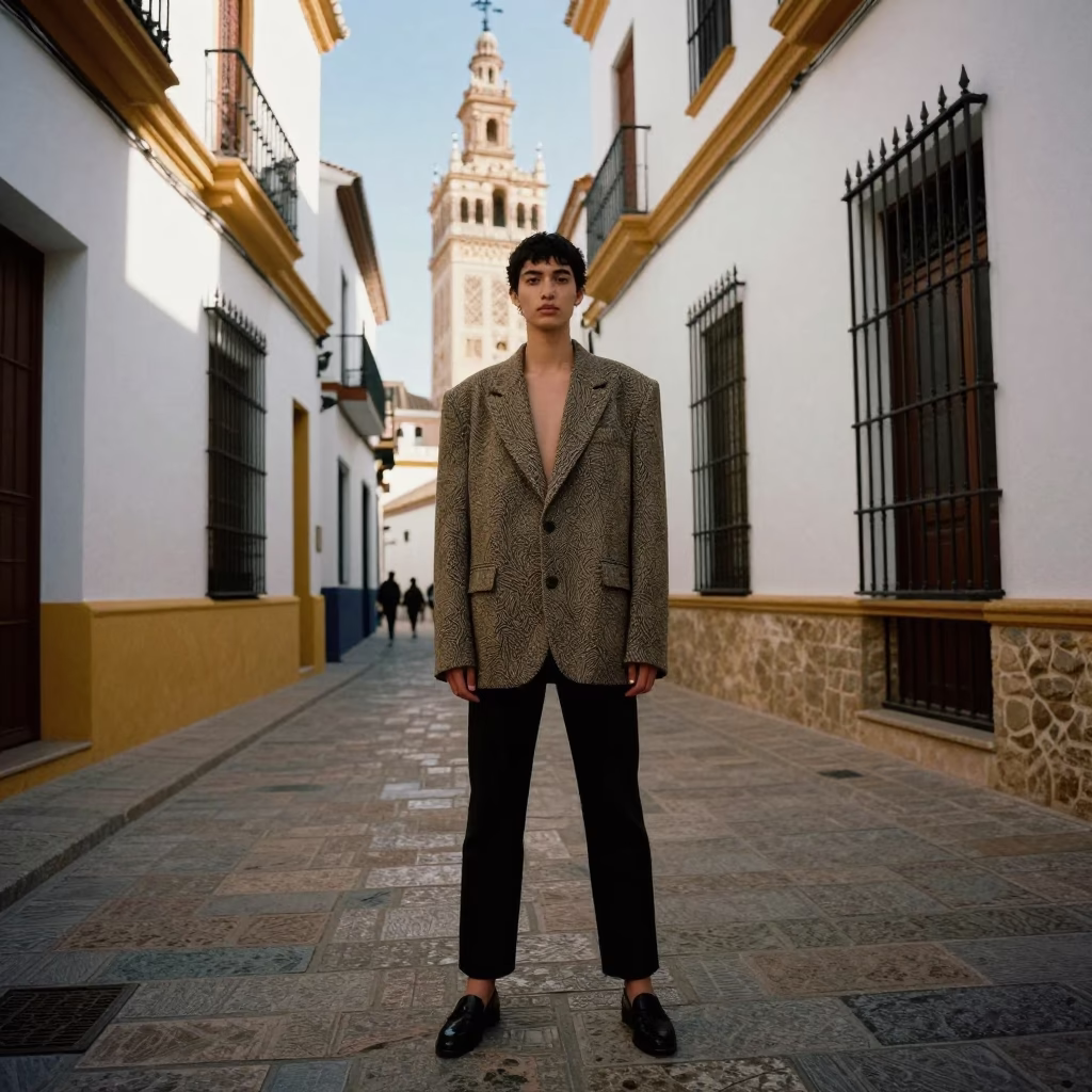 High Fashion Model in Vintage Seville Alleyway with Antique Brass Microscope in in Seville, Spain