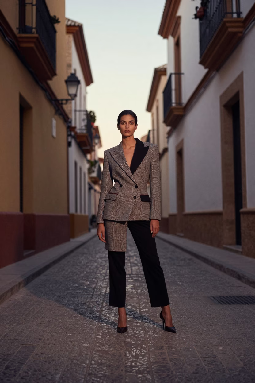 High Fashion Model in Vintage Seville Street at Dawn with Local Details in in Seville, Spain