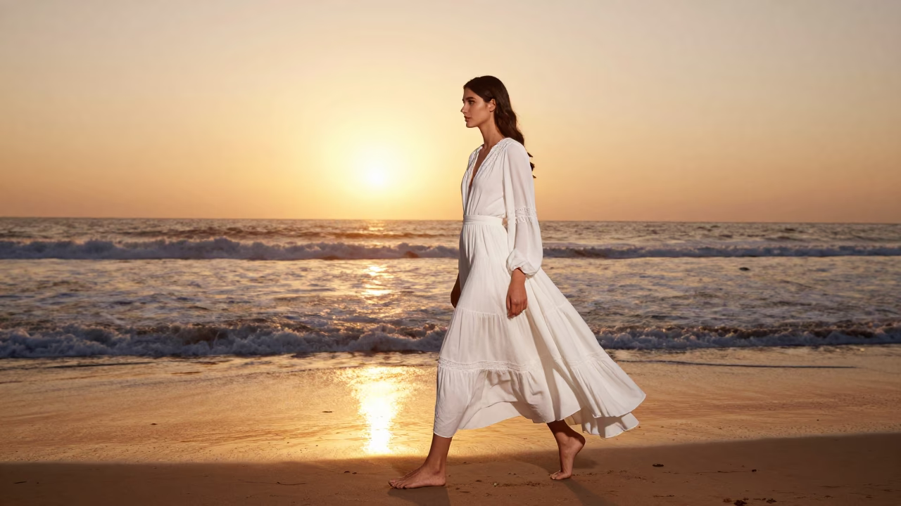 High Fashion Model in Vintage White Dress Walking Along Essaouira Skerba Beach at Sunset in in Essaouira, Morocco