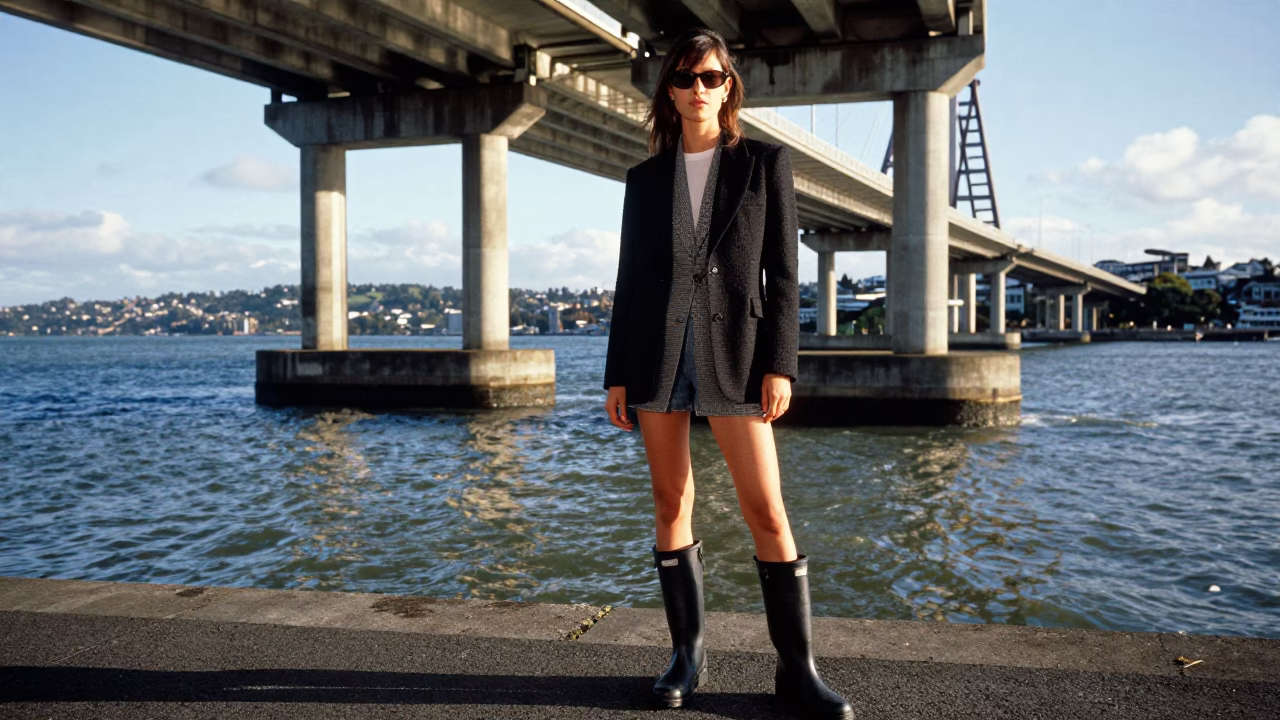 High Fashion Model in Wellington Late Morning Street Style with Bridge Pier in in Wellington, New Zealand