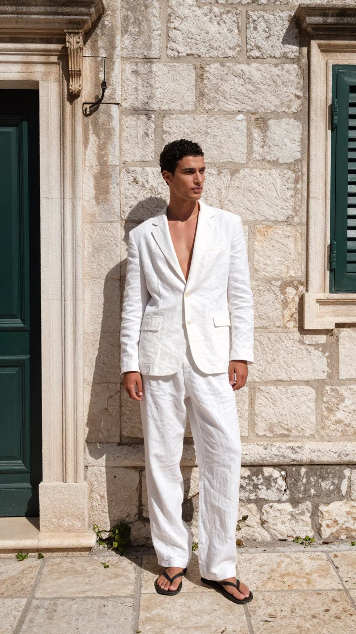 High Fashion Model in White Linen Stands Beside Brushed Steel Doorframe in Dubrovnik Croatia in in Dubrovnik, Croatia