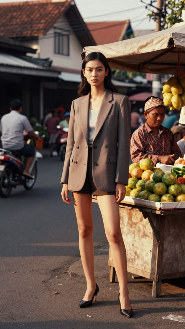 High Fashion Model in Yogyakarta Late Afternoon Street Scene in in Yogyakarta, Indonesia