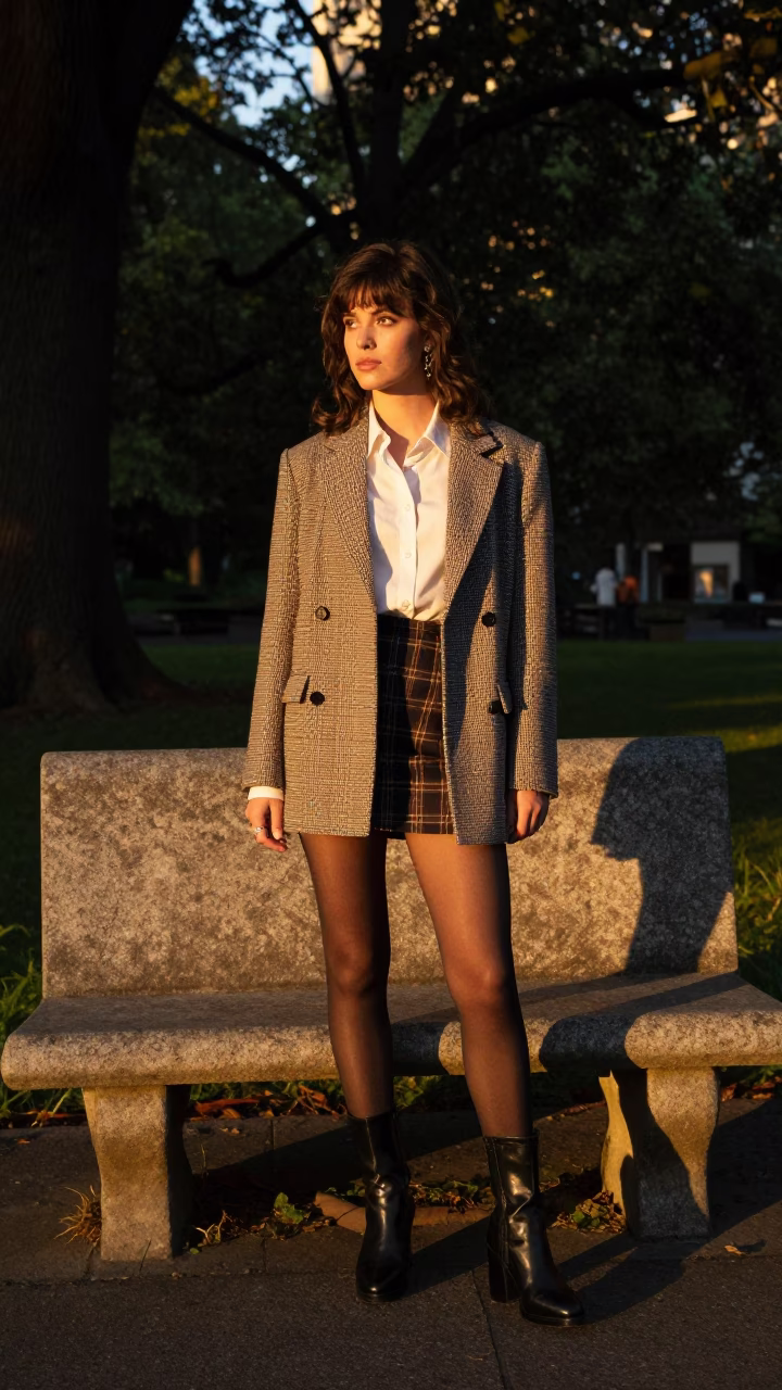 High Fashion Model Poses Near Stone Bench During Golden Hour in Portland in in Portland, Oregon, United States
