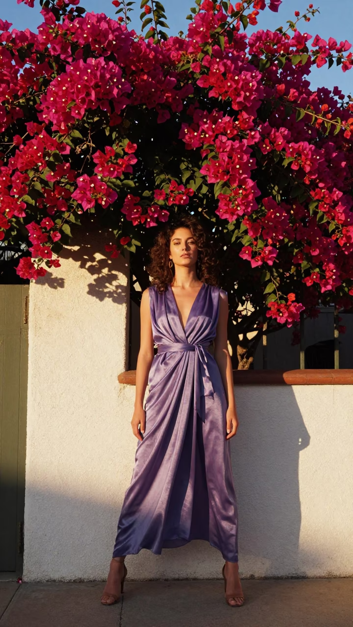 High Fashion Model Posing Near Bougainvillea in San Diego Late Afternoon in in San Diego, California, United States