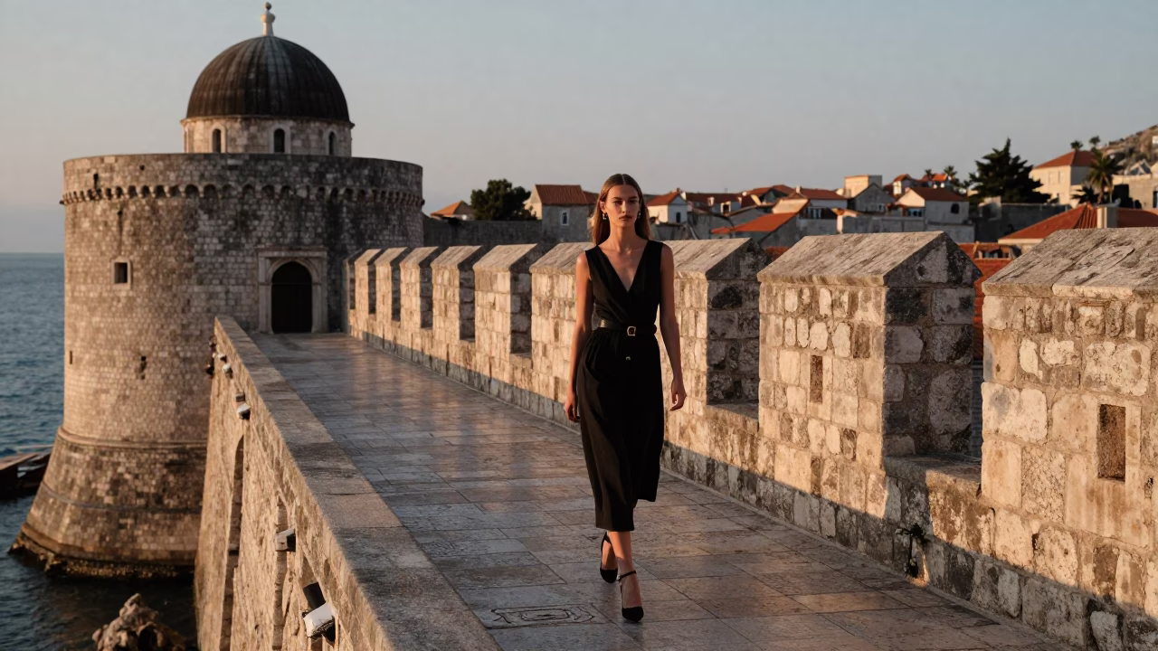 High Fashion Model Walking Along Dubrovnik Ancient City Walls at Dawn in in Dubrovnik, Croatia