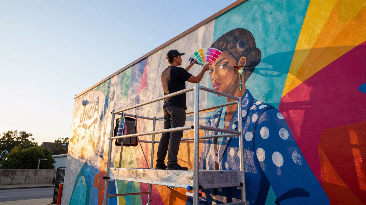 High Fashion Muralist Painting Color Swatches on Scaffold at Sunrise in Austin Texas in in Austin, Texas, United States