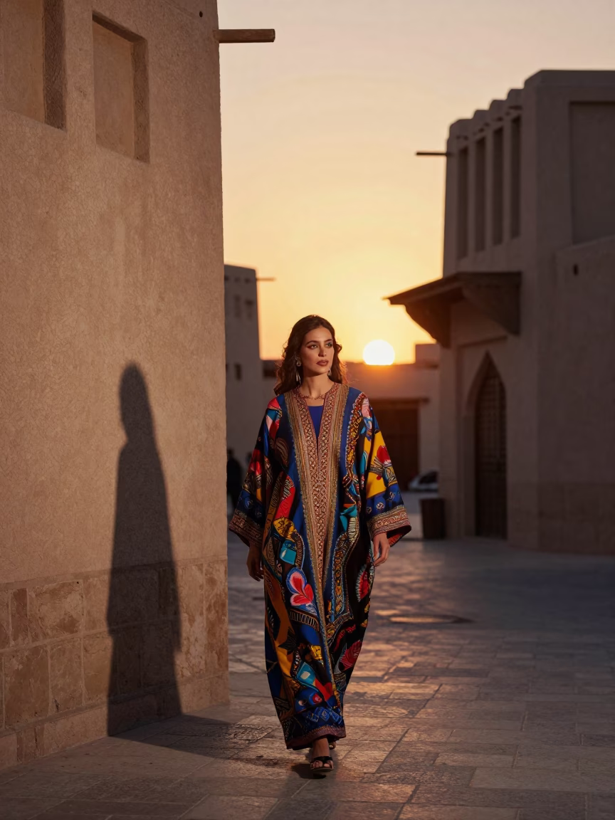 High Fashion Muscat Street Style at Sunset with Traditional Souq Architecture and Modern Fashion in in Muscat, Oman