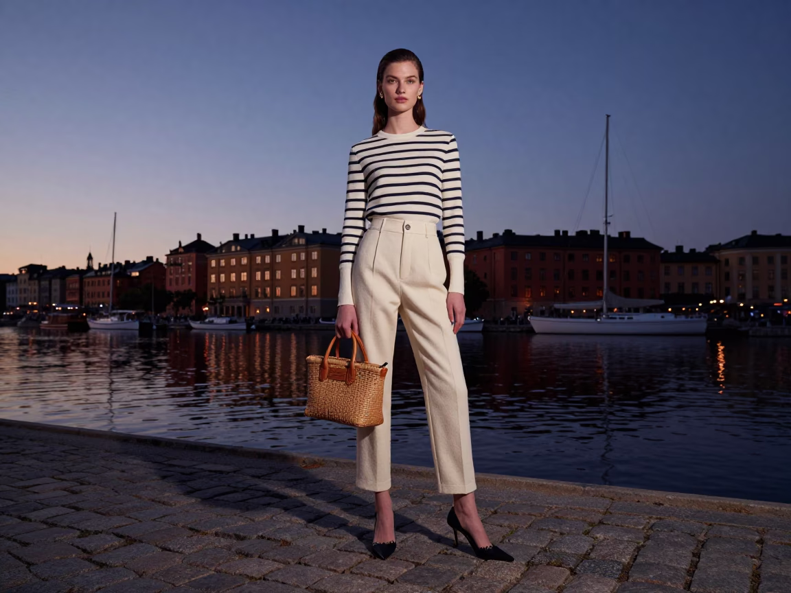 High Fashion Nautical Dawn Portrait in Stockholm Sweden with Vintage Rattan Chair in in Stockholm, Sweden