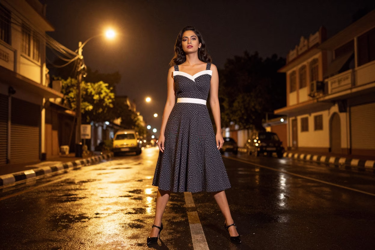 High Fashion Night Portrait in Chennai India With Vintage 1950s Aesthetic in in Chennai, India