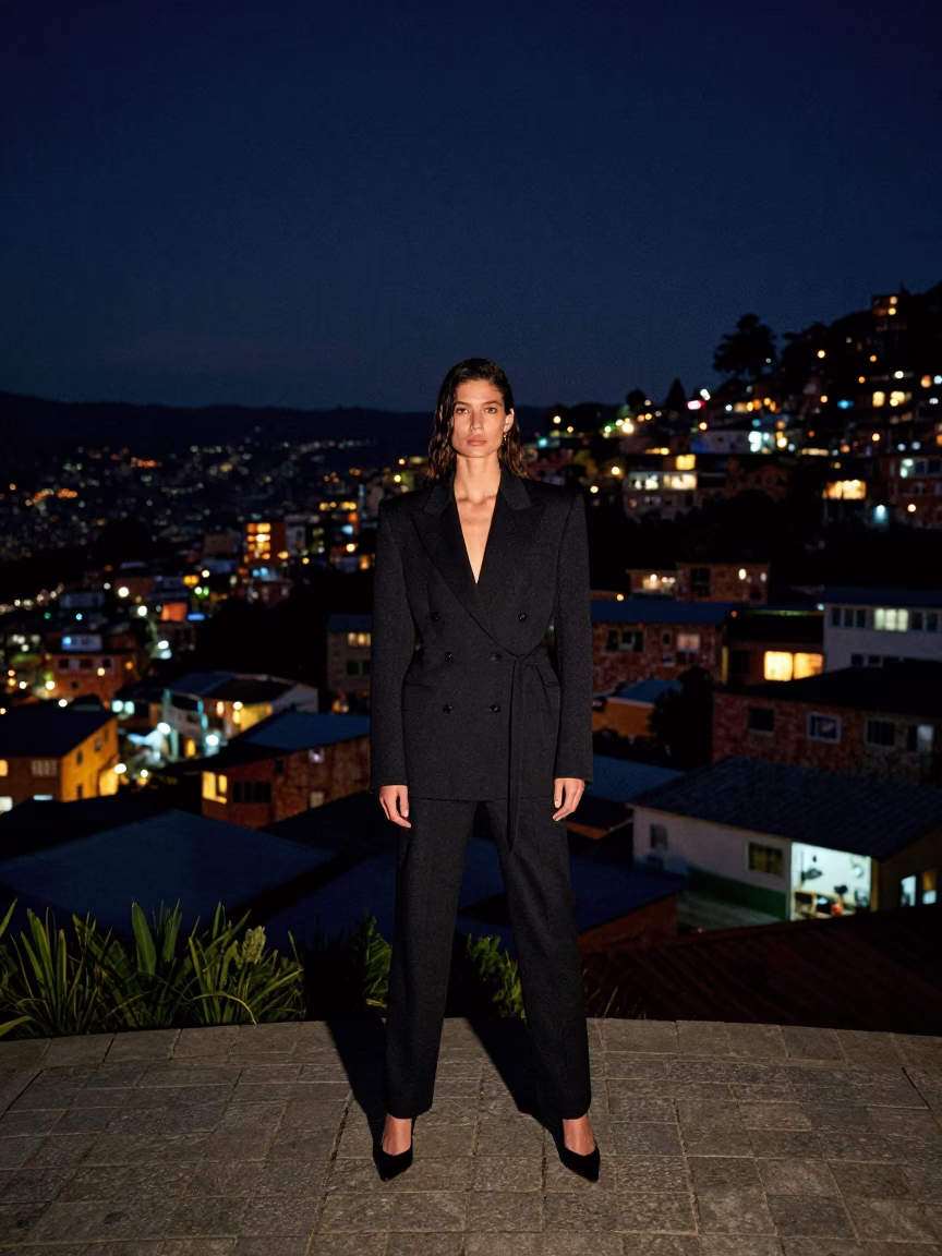 High Fashion Night Portrait in Medellin Colombia Funicular Hillside Under Deep Sky in in Medellin, Colombia