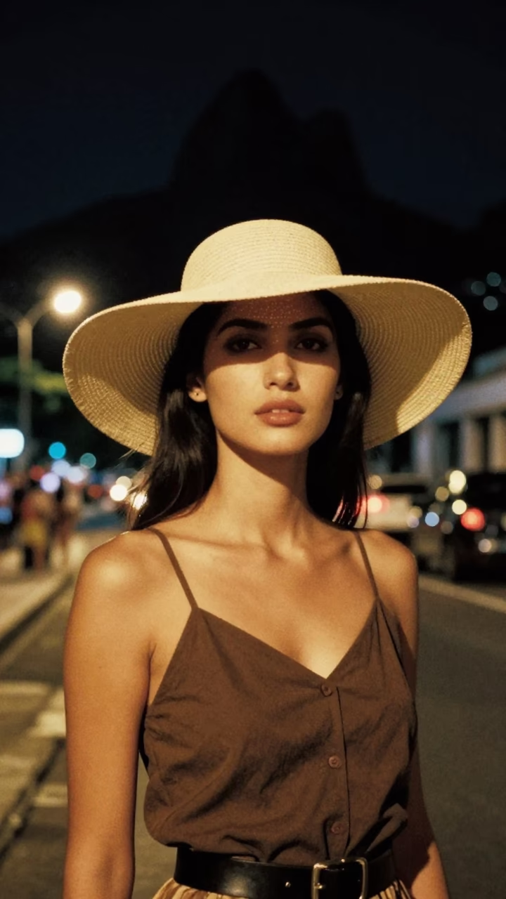 High Fashion Night Portrait in Rio de Janeiro Brazil with Vintage Sun Hat in in Rio de Janeiro, Brazil