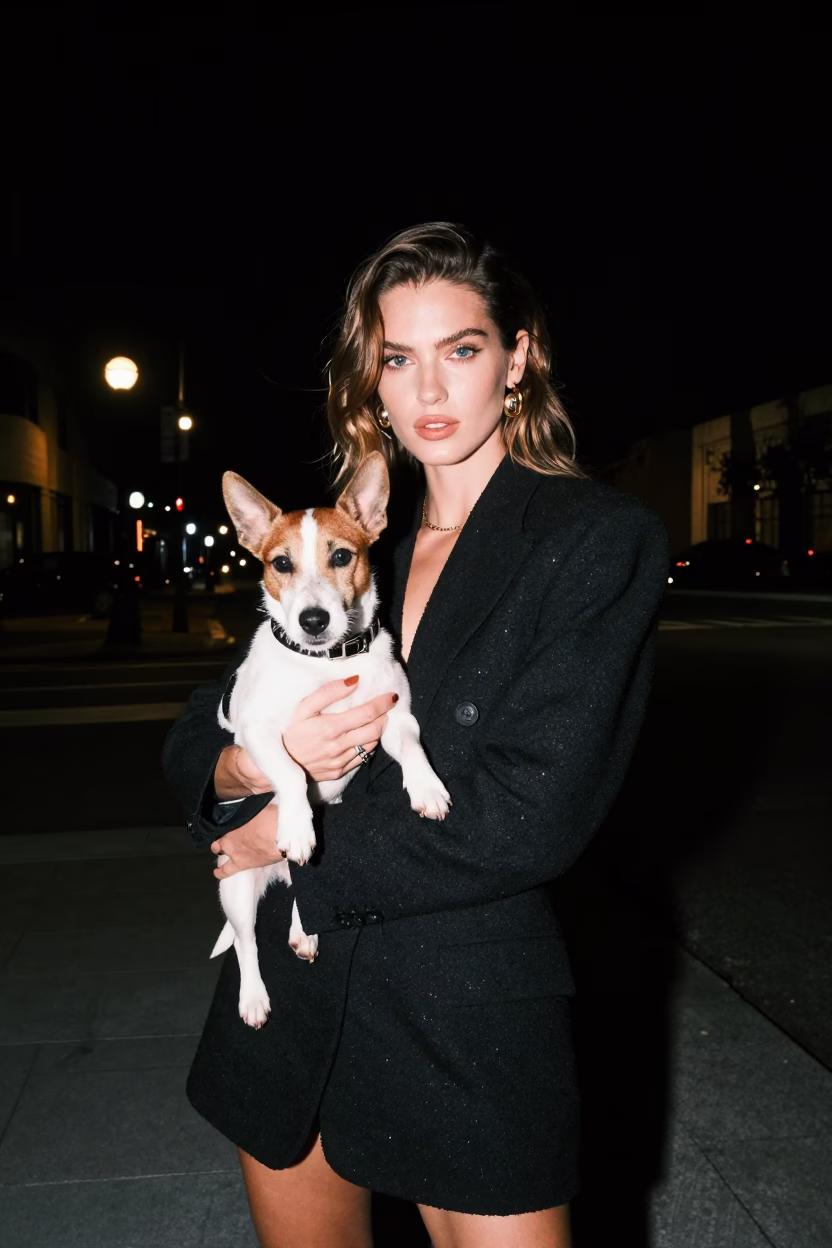 High Fashion Night Portrait with Miniature Bull Terrier in San Diego in in San Diego, California, United States
