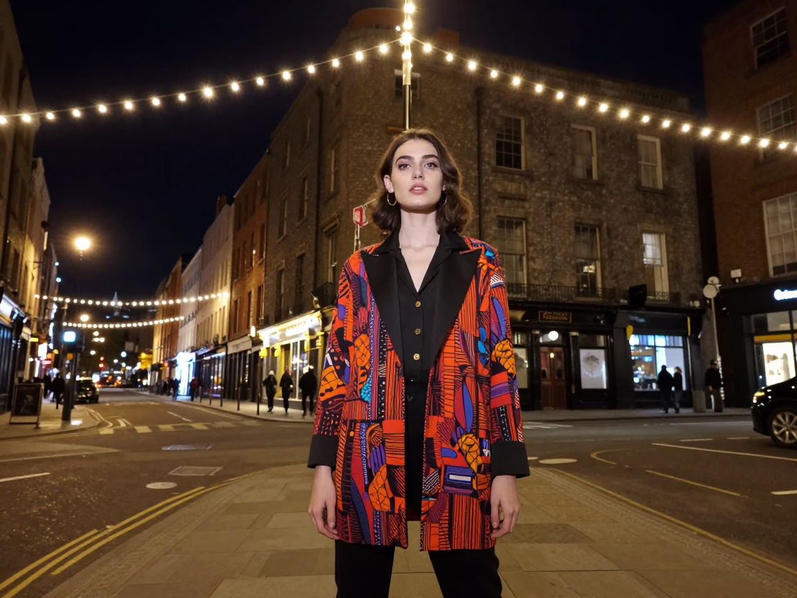 High Fashion Nightlife Portrait in Dublin Ireland with String Lights and Vintage Style in in Dublin, Ireland