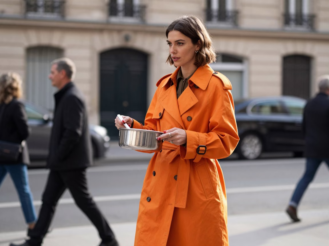 High Fashion Parisian Street Style Early Afternoon Candid Moment with Saucepan and Pruning Shears in in Paris, France