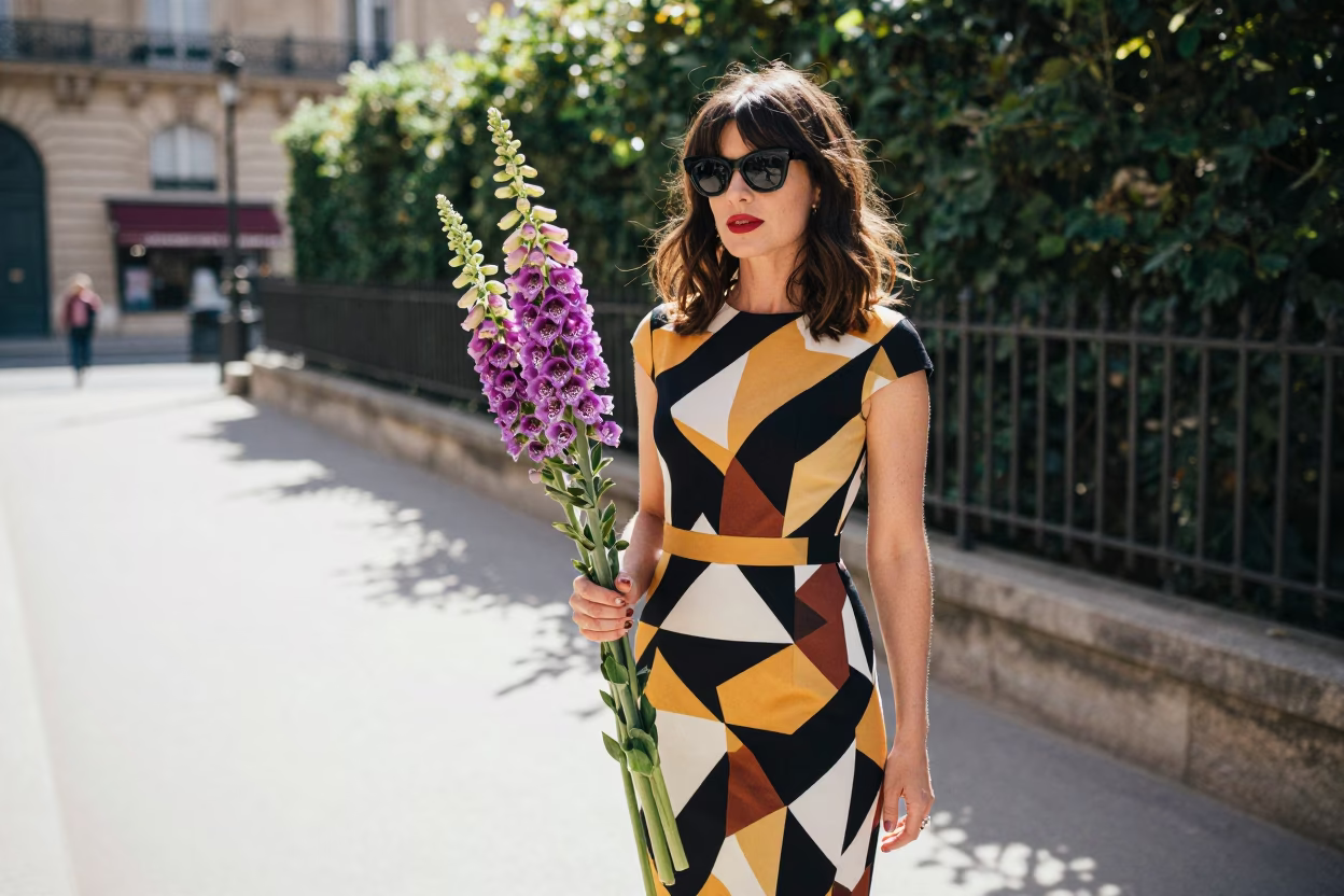 High Fashion Parisian Street Style Midday Portrait with Foxglove and Vintage Accessories in in Paris, France