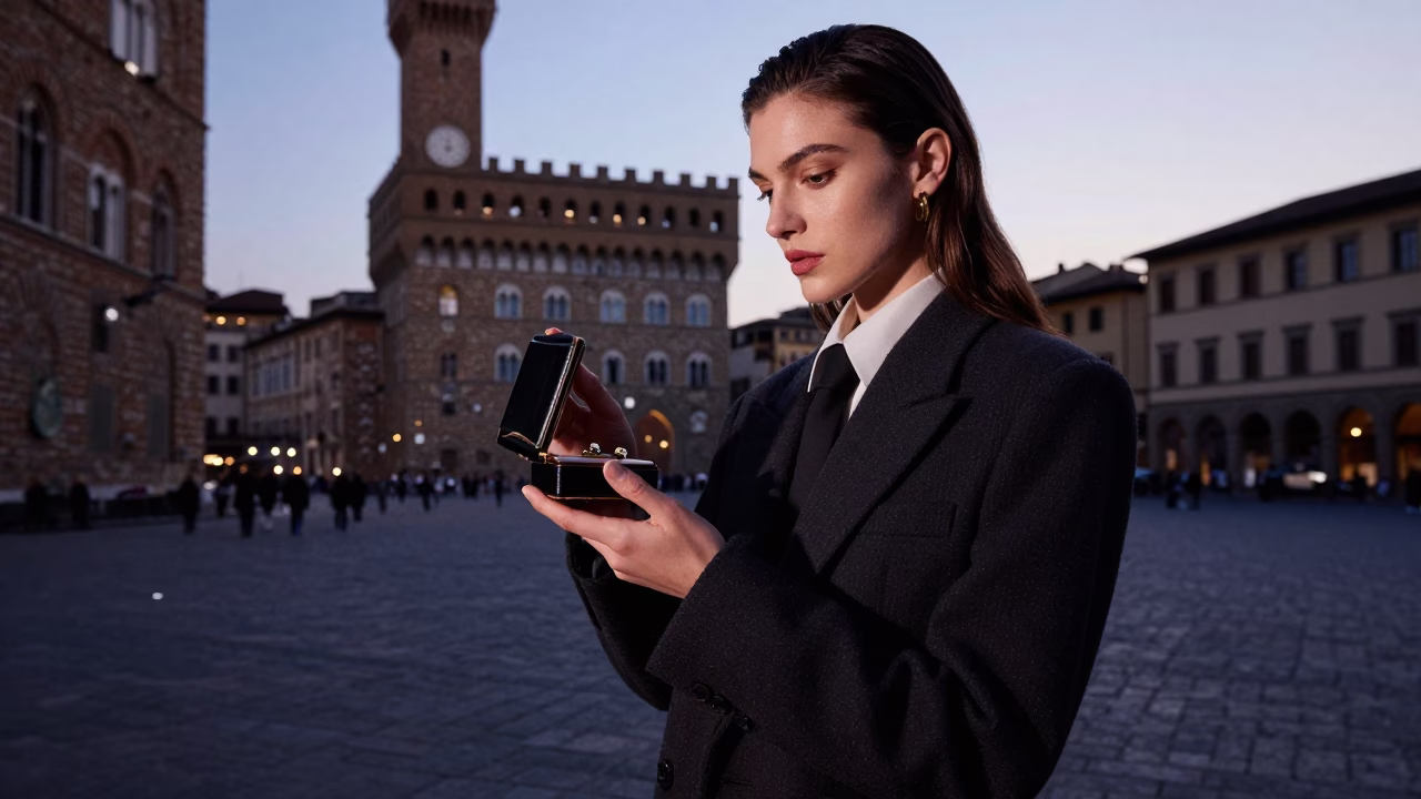 High Fashion Portrait at Nautical Dawn in Historic Florence Italy in in Florence, Italy