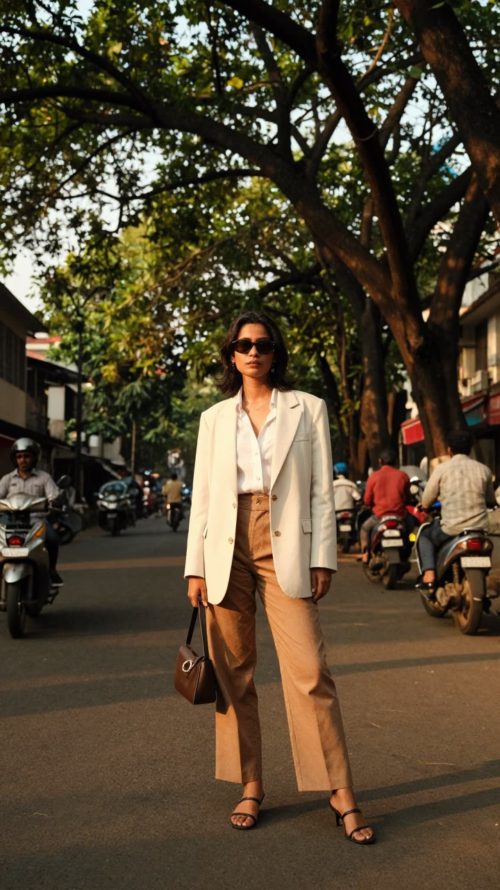 High Fashion Portrait in 1970s Kolkata Late Afternoon Street Scene with Vintage Details in in Kolkata, India