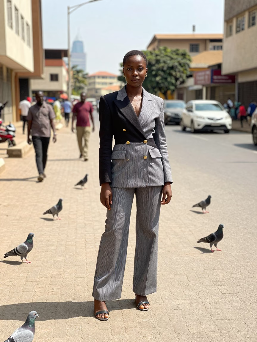 High Fashion Portrait in Accra Ghana Midday Street Scene with Pigeons in in Accra, Ghana
