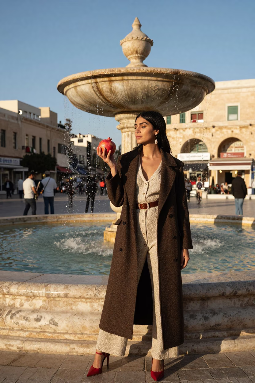 High Fashion Portrait in Alexandria Egypt Late Afternoon Light with Pomegranate and Fountain in in Alexandria, Egypt