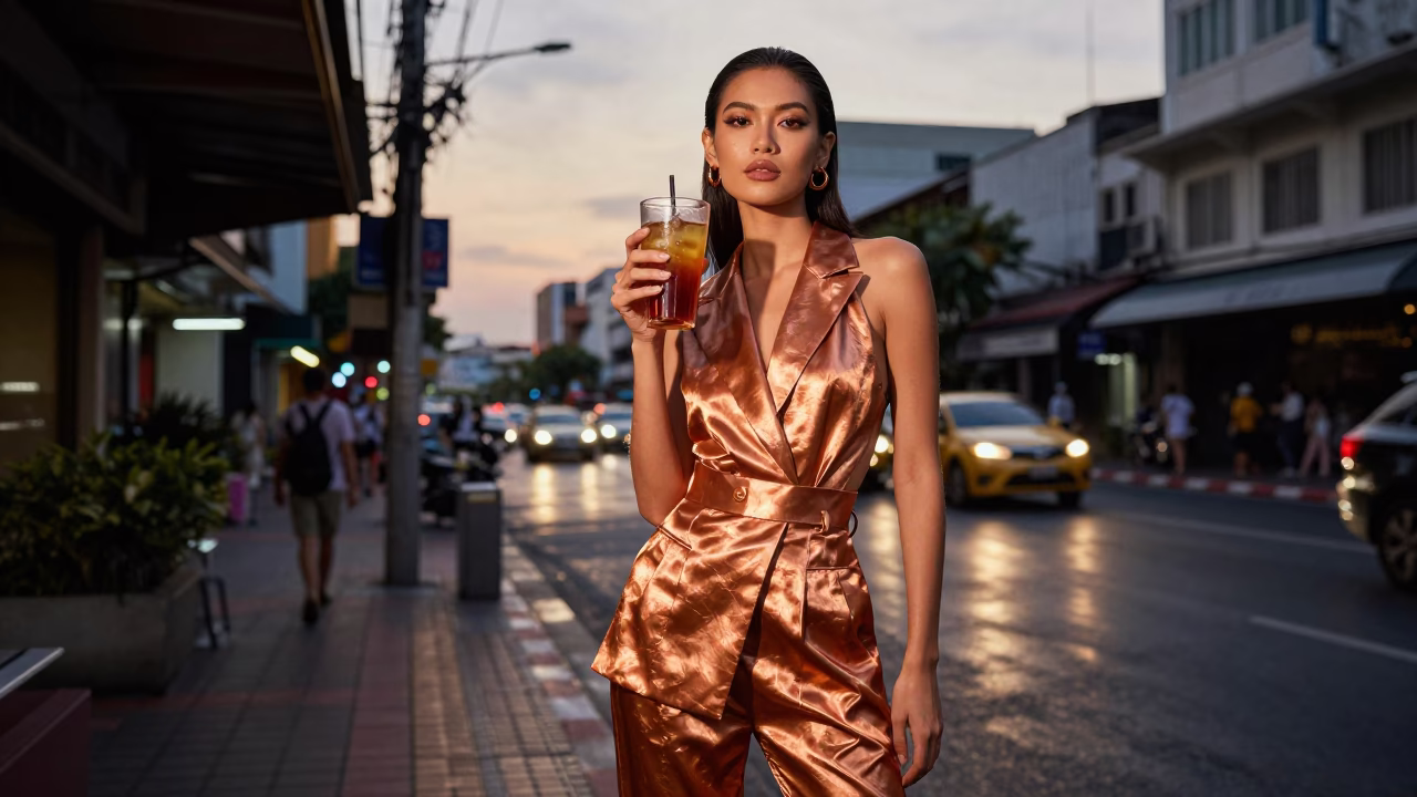 High Fashion Portrait in Bangkok Before Dusk Copper Light Street Scene in in Bangkok, Thailand