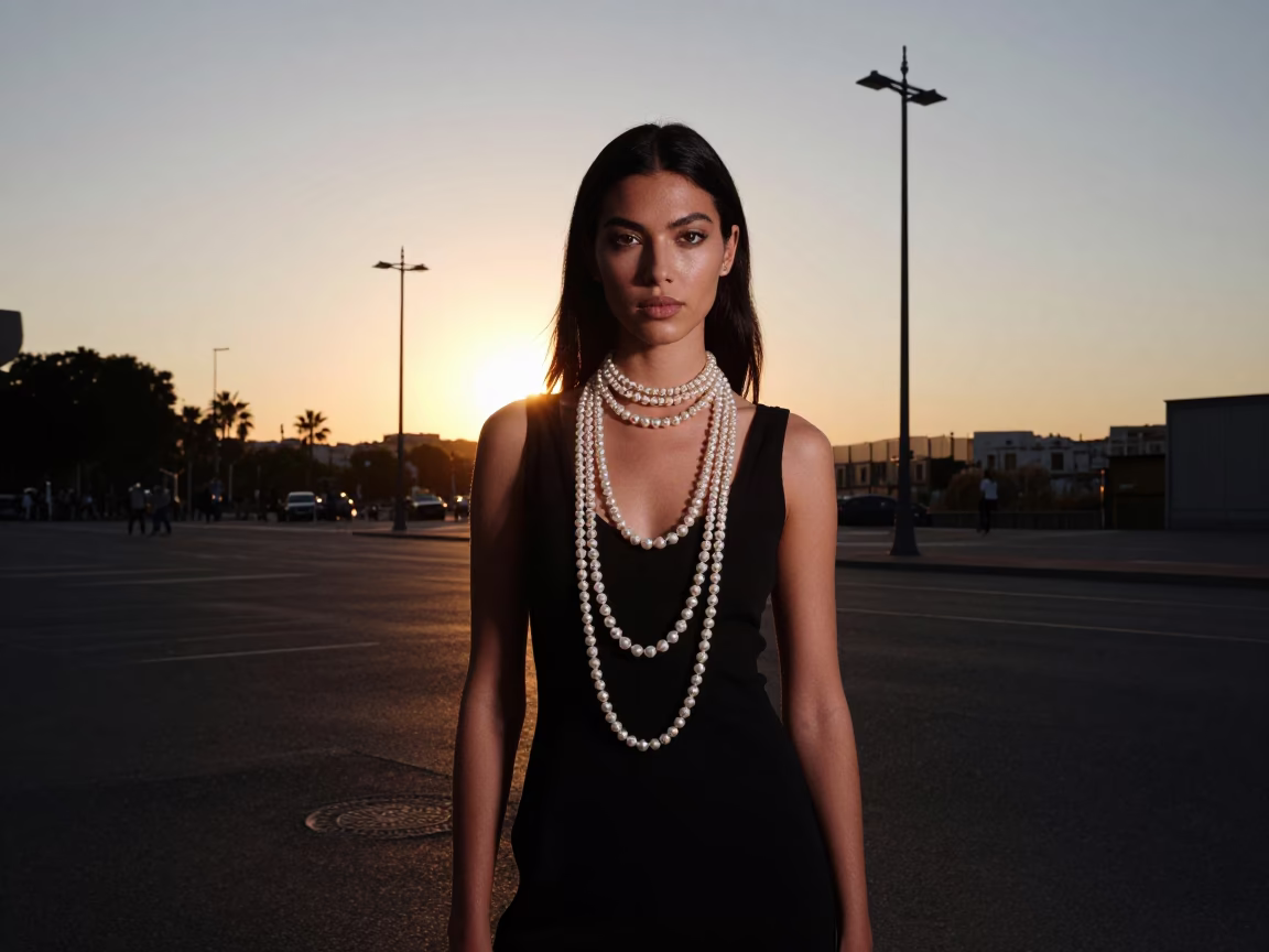 High Fashion Portrait in Barcelona Spain During Sunset with Pearl Necklaces and Urban Architecture in in Barcelona, Spain