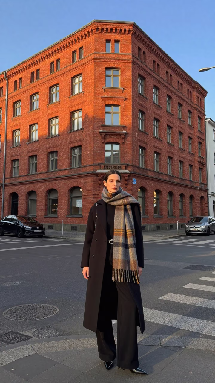 High Fashion Portrait in Berlin Late Afternoon Sunlight with Scarf and Urban Architecture in in Berlin, Germany