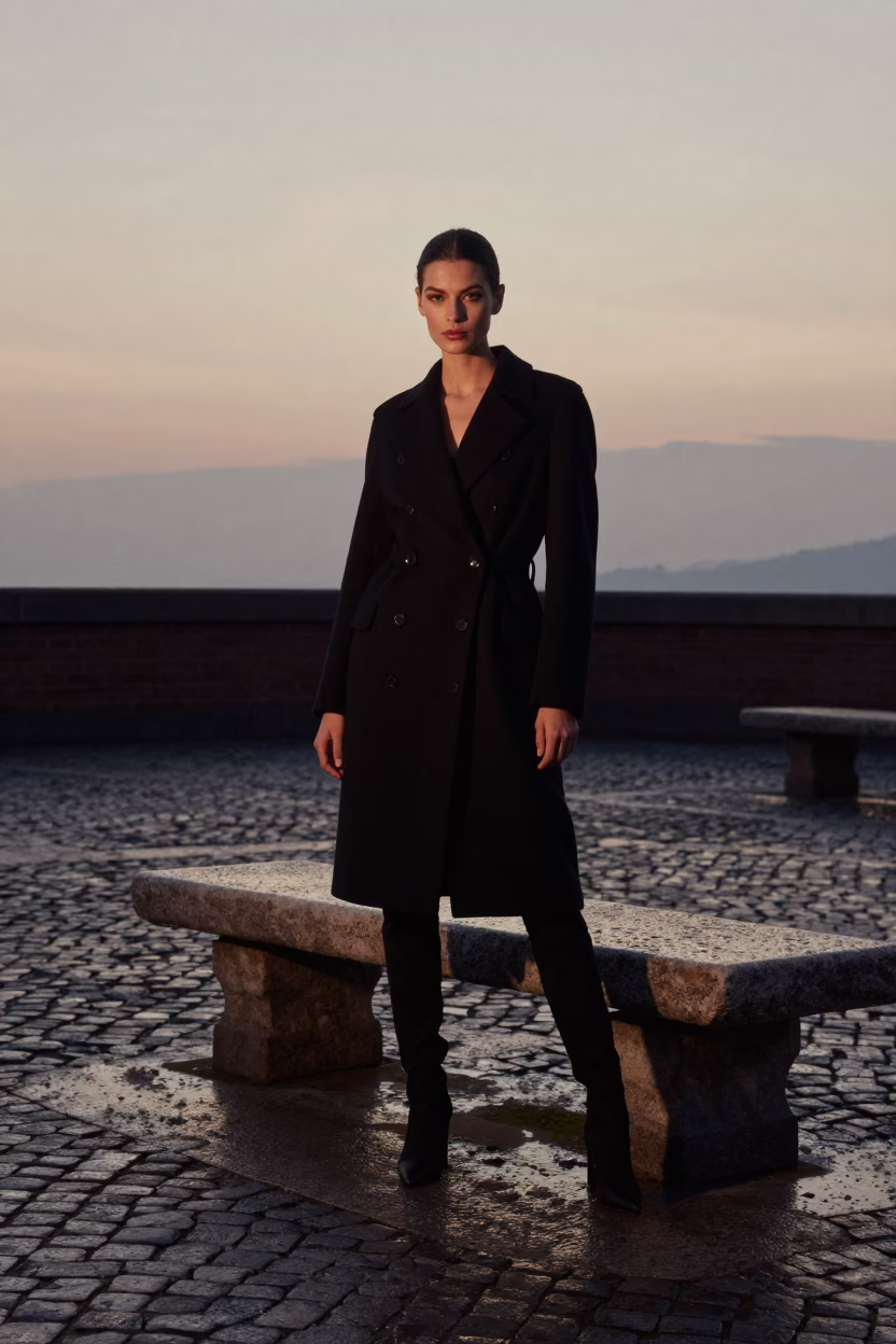 High Fashion Portrait in Bologna Italy at Nautical Dawn with Stone Bench and Tramcar in in Bologna, Italy
