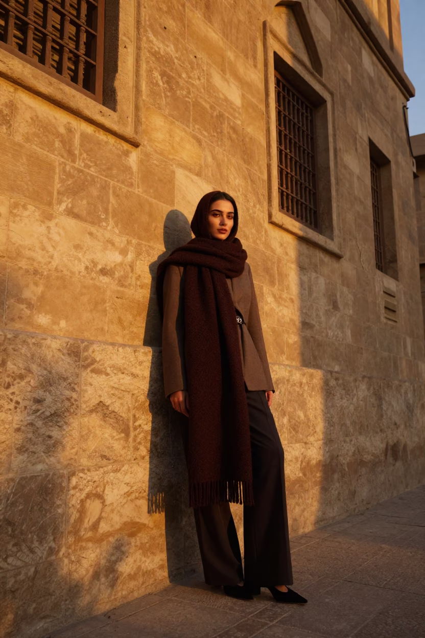 High Fashion Portrait in Cairo Evening Light with Wool Scarves and Traditional Architecture in in Cairo, Egypt