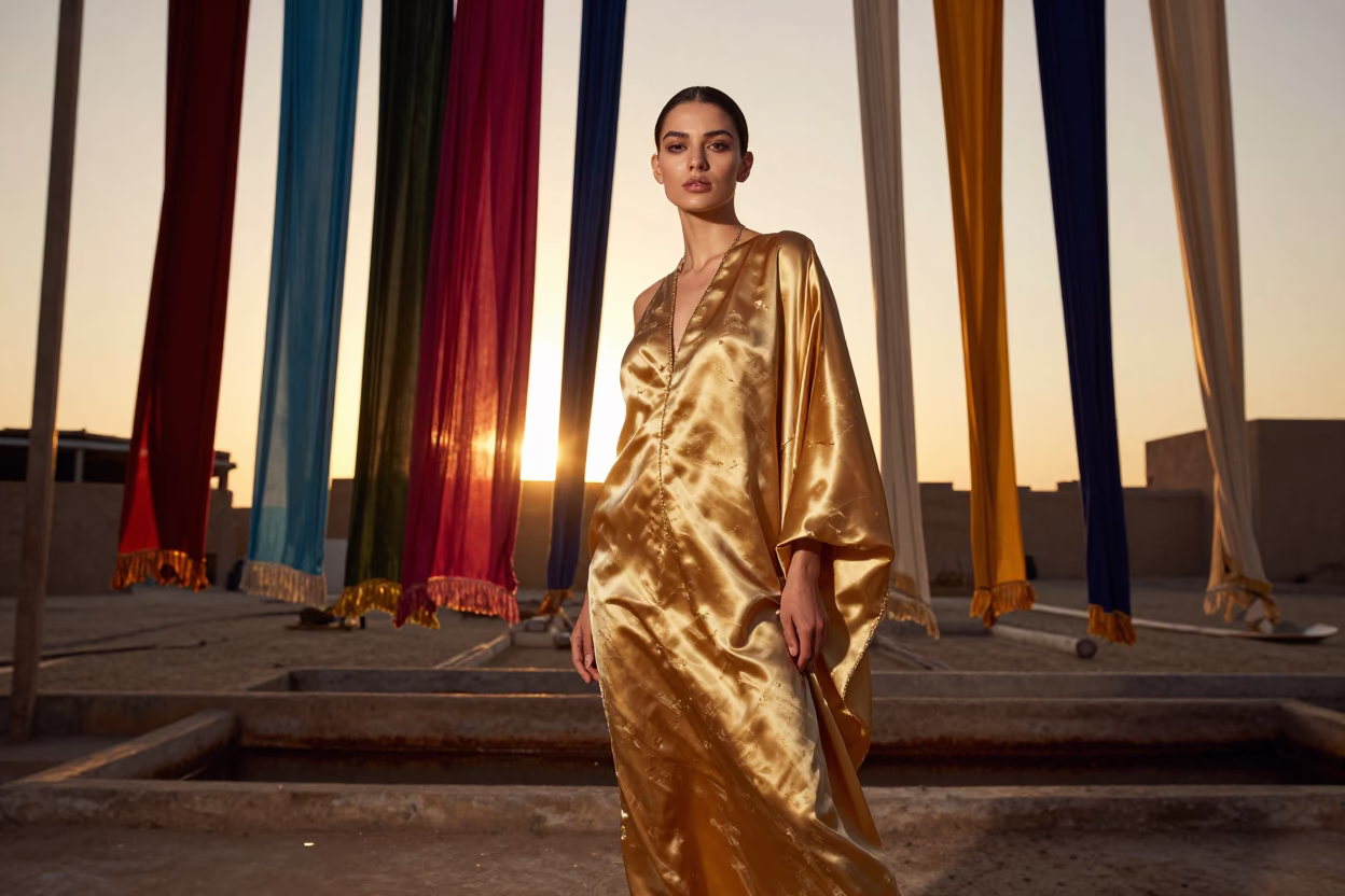 High Fashion Portrait in Cairo Sunset with Silk Dyeing Workshop Background in in Cairo, Egypt