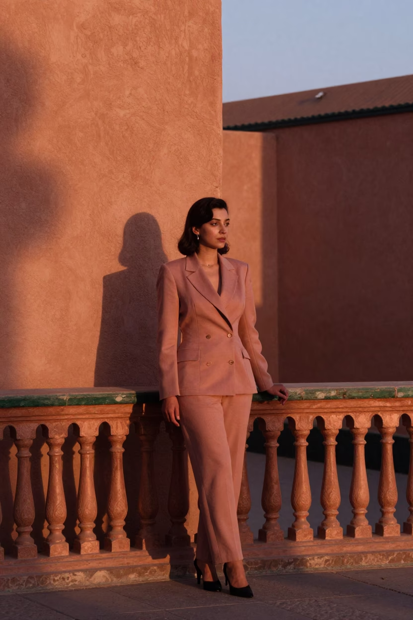 High Fashion Portrait in Casablanca Morocco Copper Dusk Light Street Style in in Casablanca, Morocco